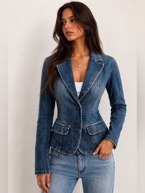 Bongo Y2K Fitted Stretch Denim Blazer Blue Jean Jacket M/L